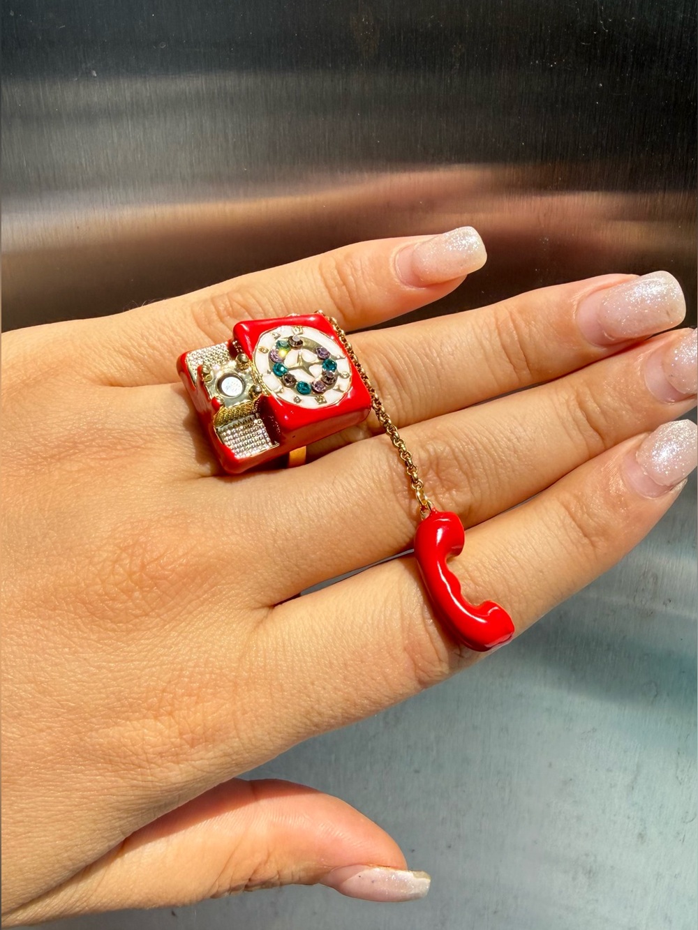 Red Retro Telephone Statement Ring with Multicolor Crystal Dial - Picture 4 of 5